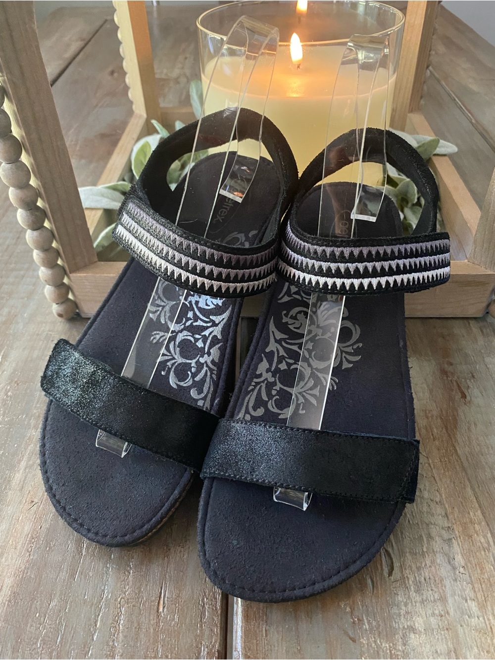 Aetrex Leather Adjustable Strap Open Toe Sandals Shoes Womens 7 Black